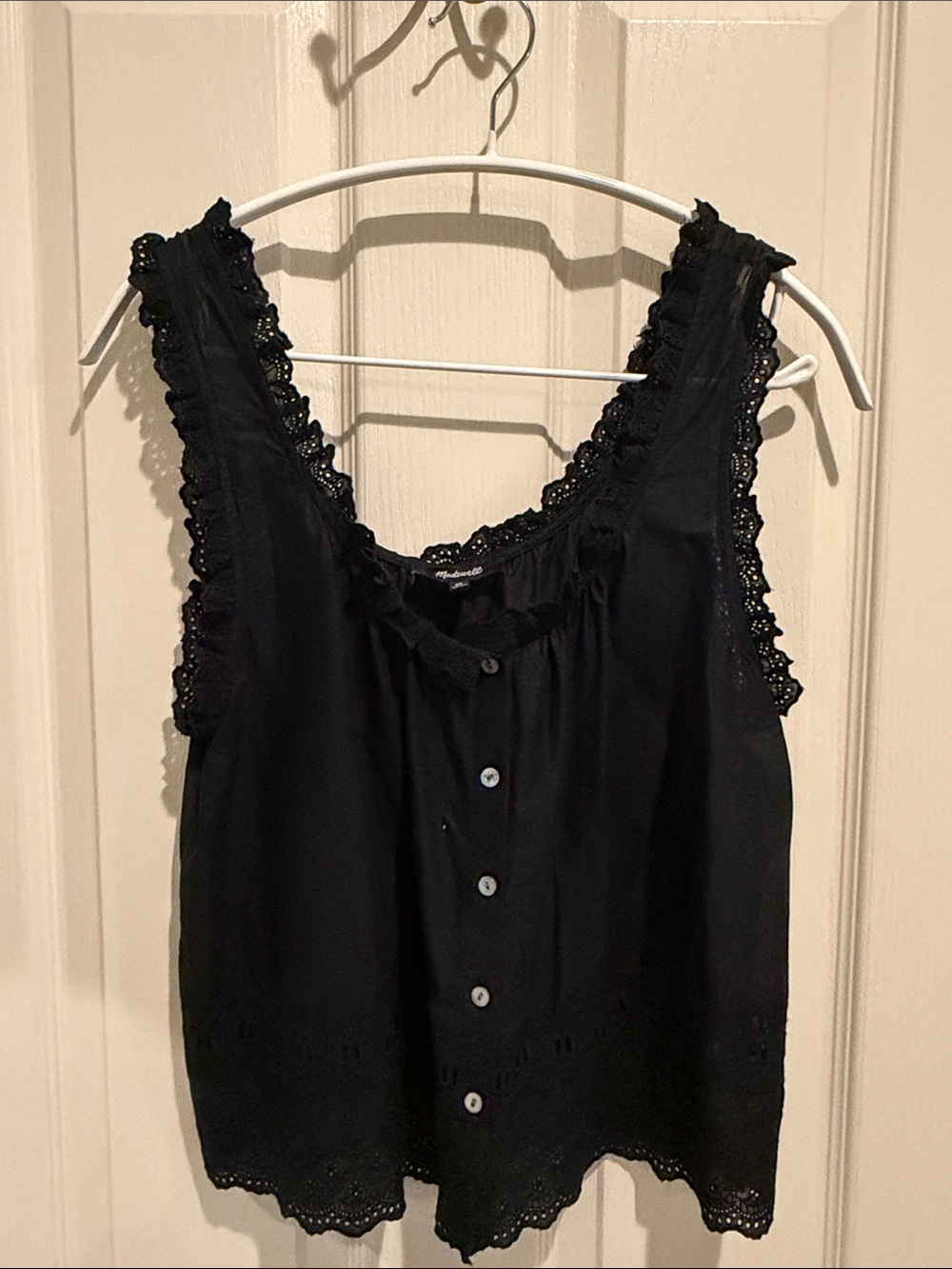 Madewell Black Embroidered Ruffle Trim Top NWOT